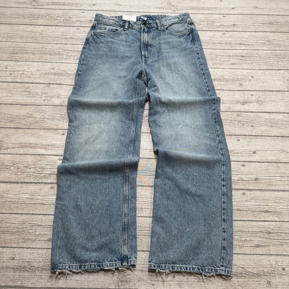 NEW H&M &Denim Jeans Women's 12 Blue Ultra High Waist Wide Leg Baggy Distressed